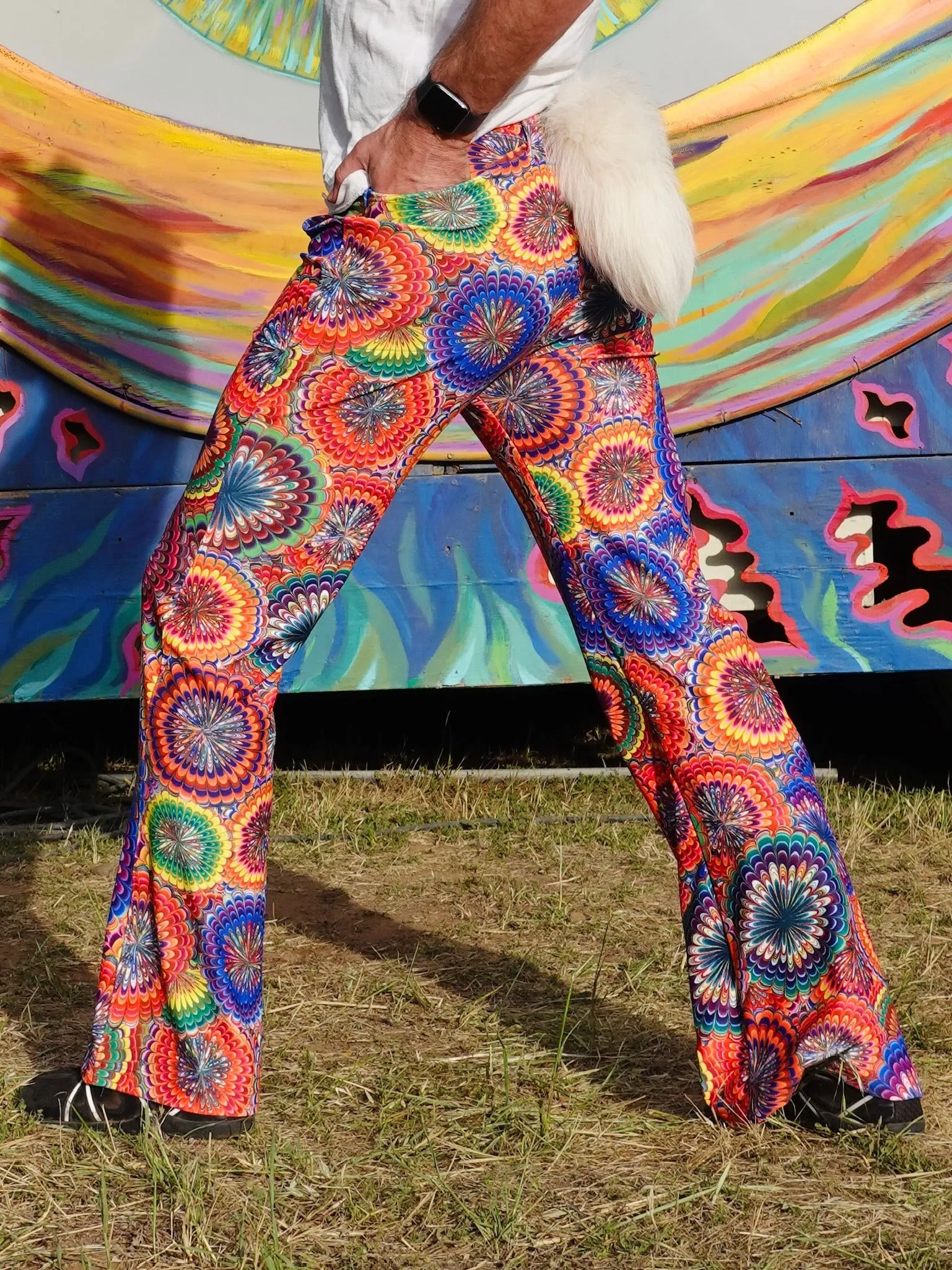 4 Pocket Flower Power Flare Pants - Men's Hippie Trippy Bell Bottoms