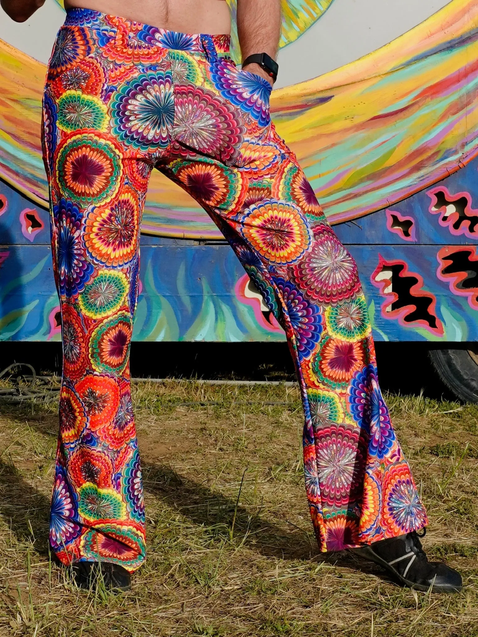 4 Pocket Flower Power Flare Pants - Men's Hippie Trippy Bell Bottoms