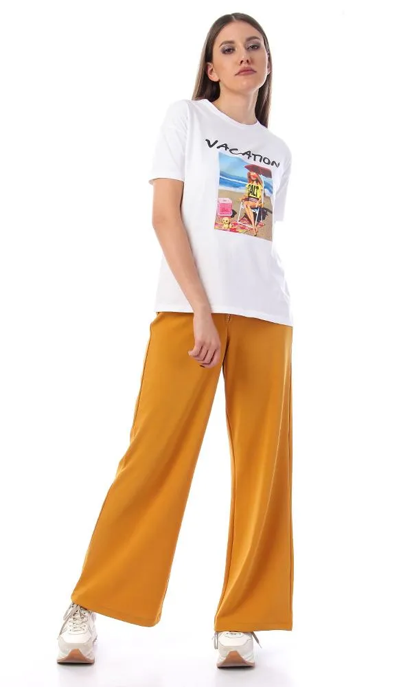 57585 Printed Vacation Slip On White T-Shirt