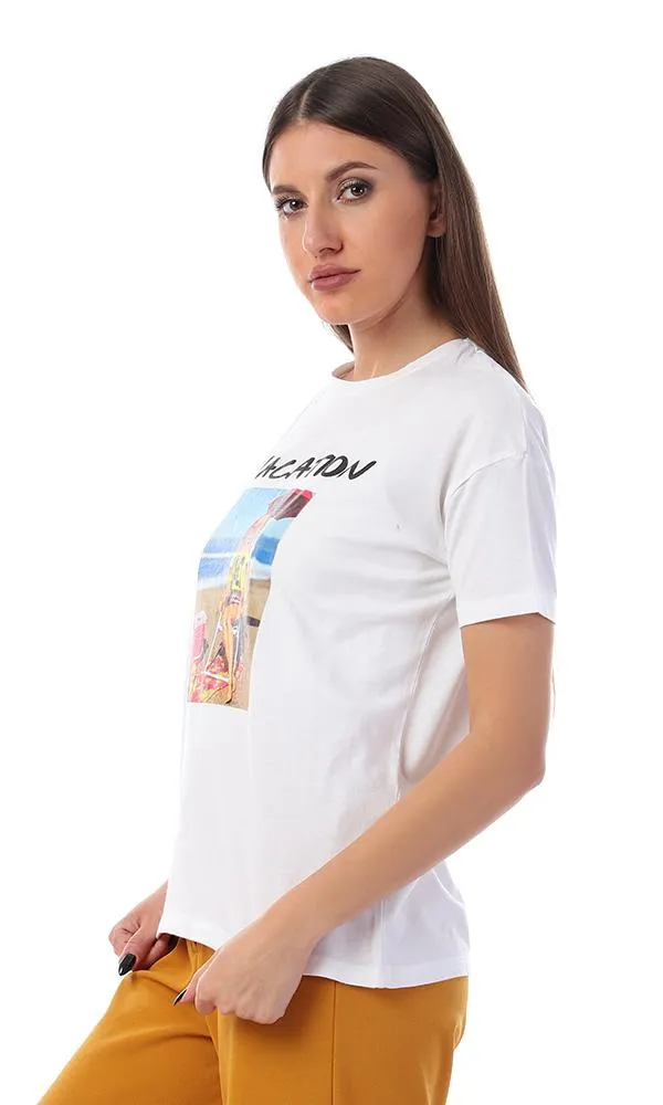 57585 Printed Vacation Slip On White T-Shirt