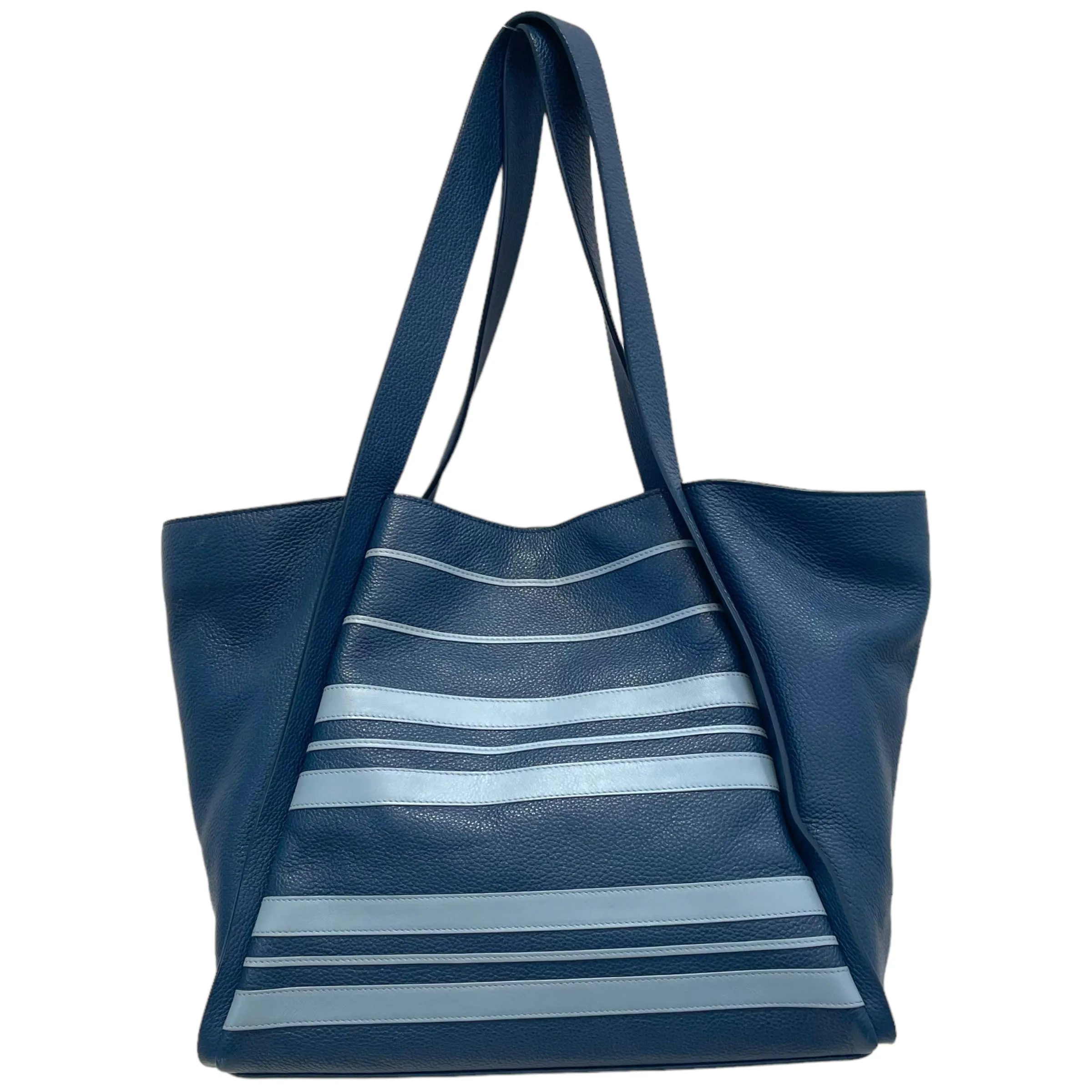 AKRIS/Tote Bag/Stripe/Leather/BLU/Pacific Pale Sky Alex