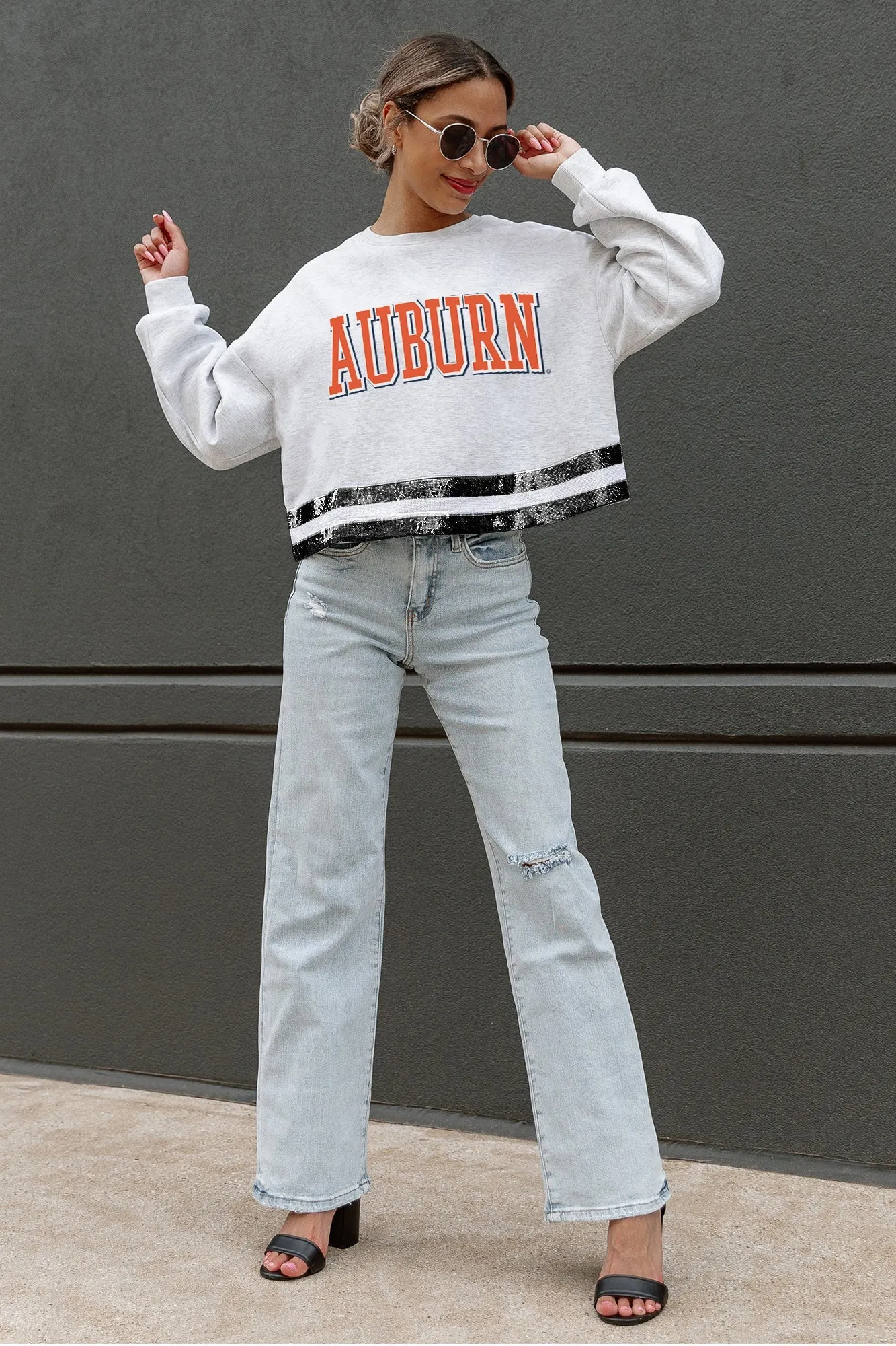 AUBURN TIGERS PASS THE SHINE SEQUIN TRIM MID-CROP SWEATSHIRT