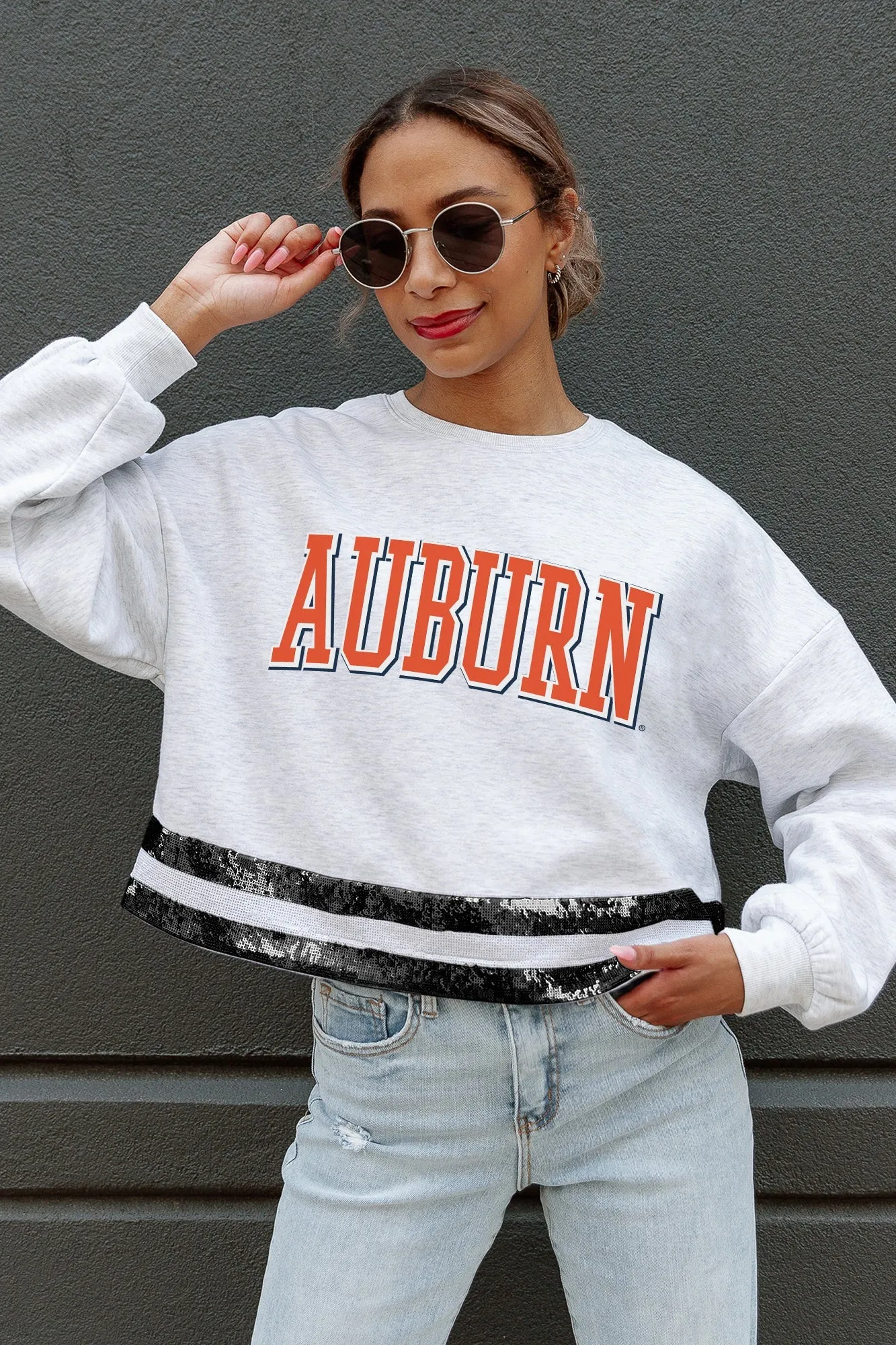 AUBURN TIGERS PASS THE SHINE SEQUIN TRIM MID-CROP SWEATSHIRT