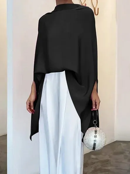Batwing Sleeves Loose Solid Color High-Neck T-Shirts Tops  116889