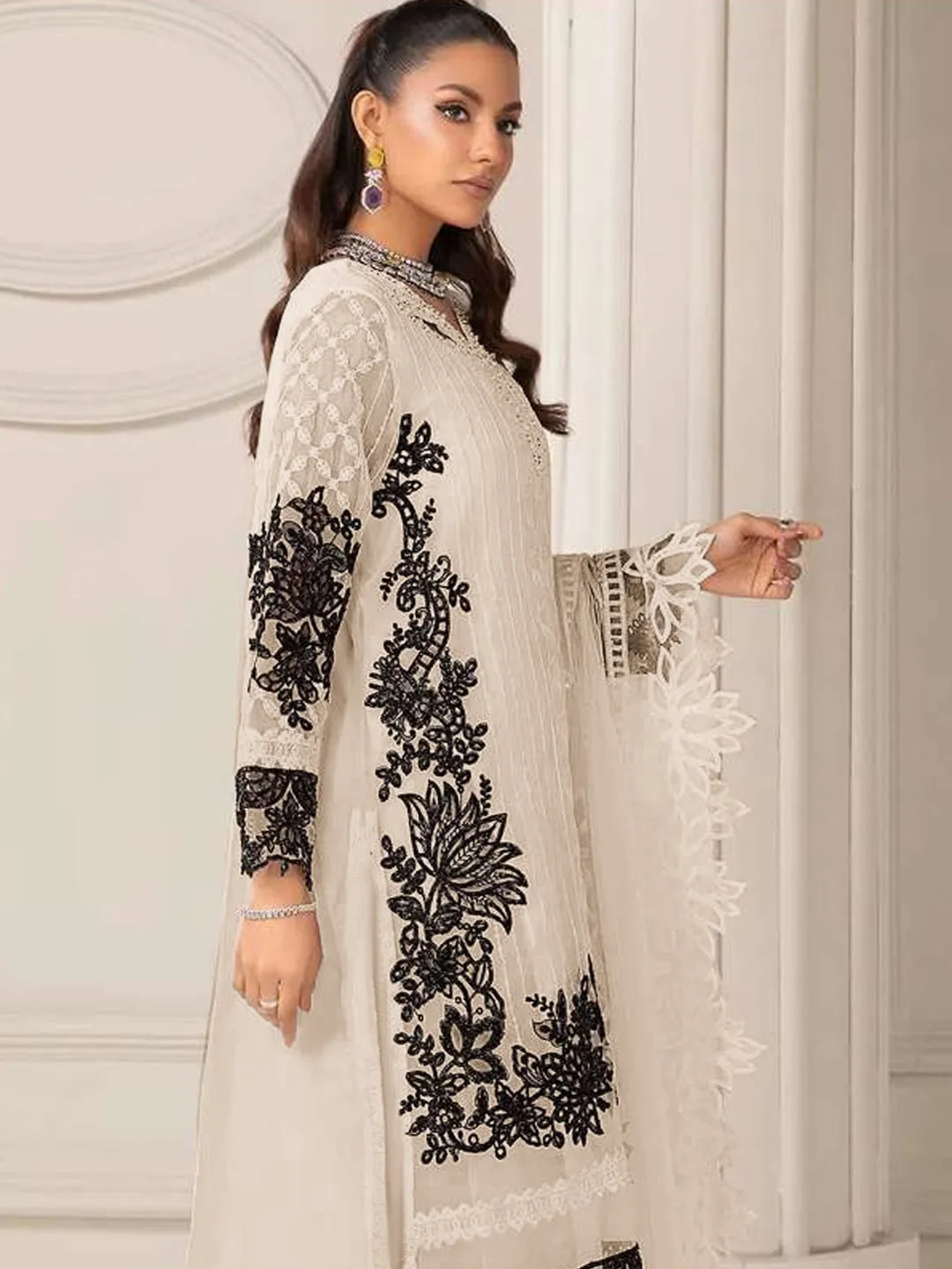 Beige Georgette Trendy Designer Semi-Stitched Pant Suit With Prittified Embroidery Work