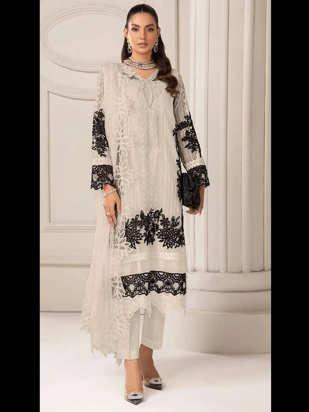 Beige Georgette Trendy Designer Semi-Stitched Pant Suit With Prittified Embroidery Work