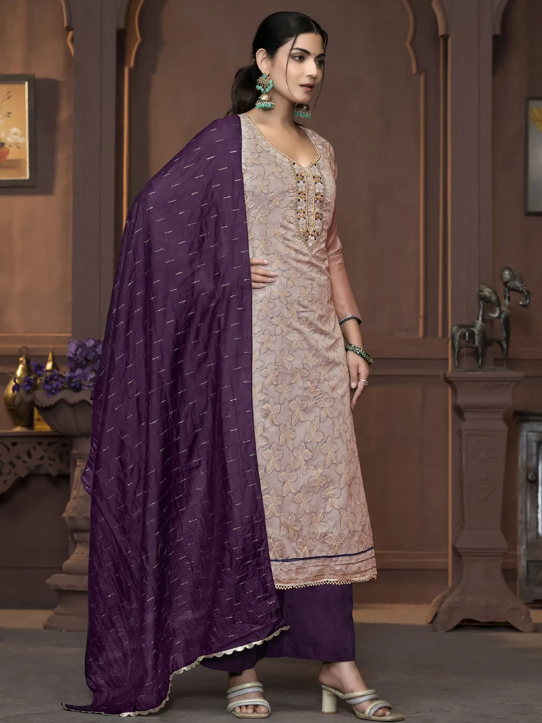 Beige Party Wear Readymade Pant Suit With Designer Printed Hand Work