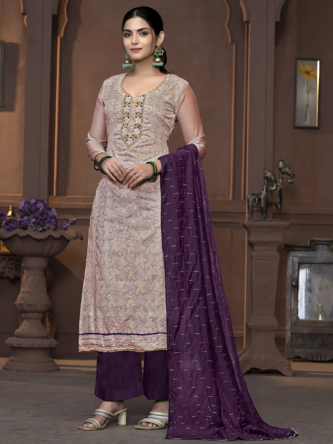 Beige Party Wear Readymade Pant Suit With Designer Printed Hand Work