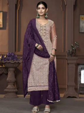 Beige Party Wear Readymade Pant Suit With Designer Printed Hand Work