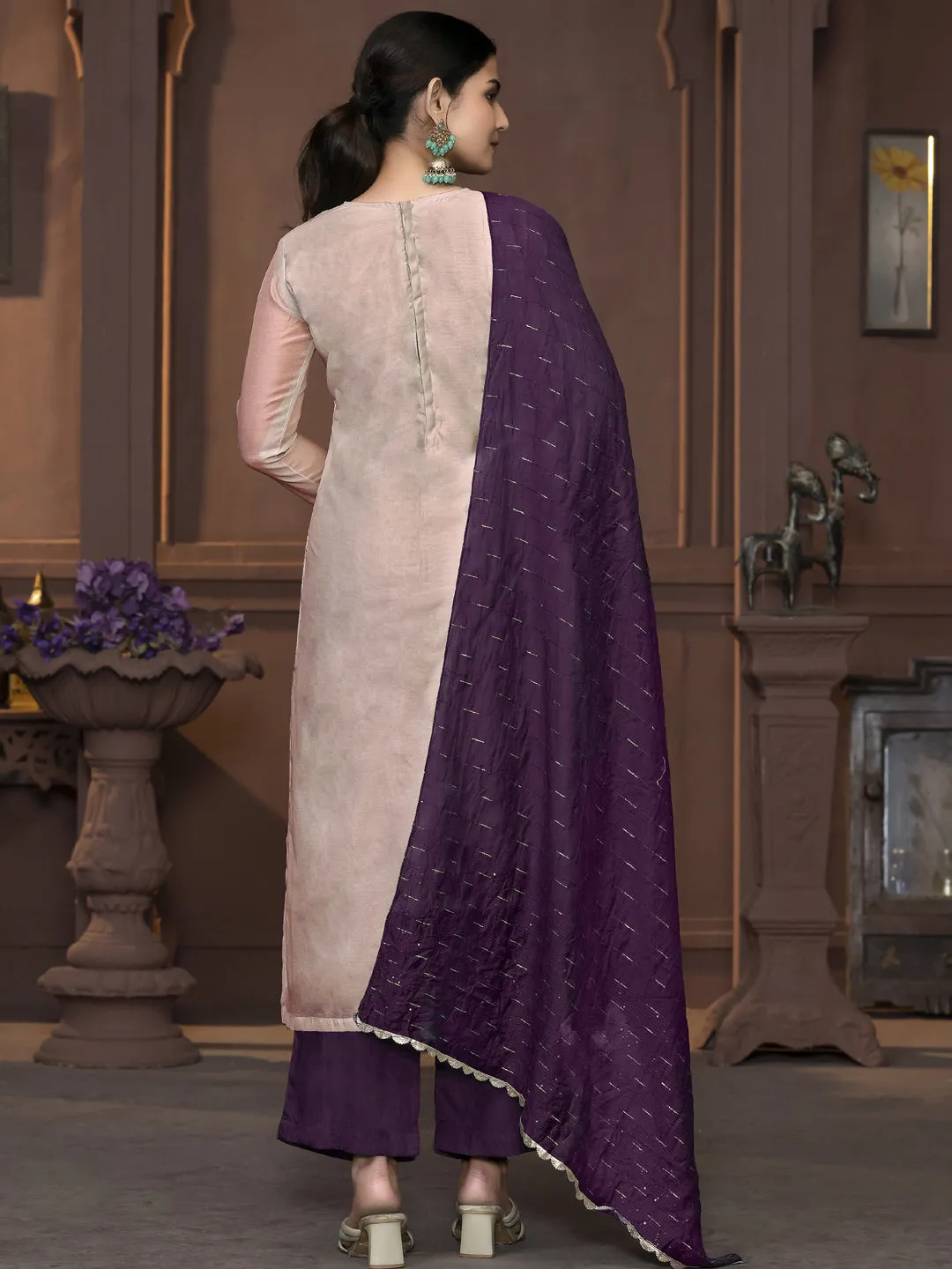 Beige Party Wear Readymade Pant Suit With Designer Printed Hand Work