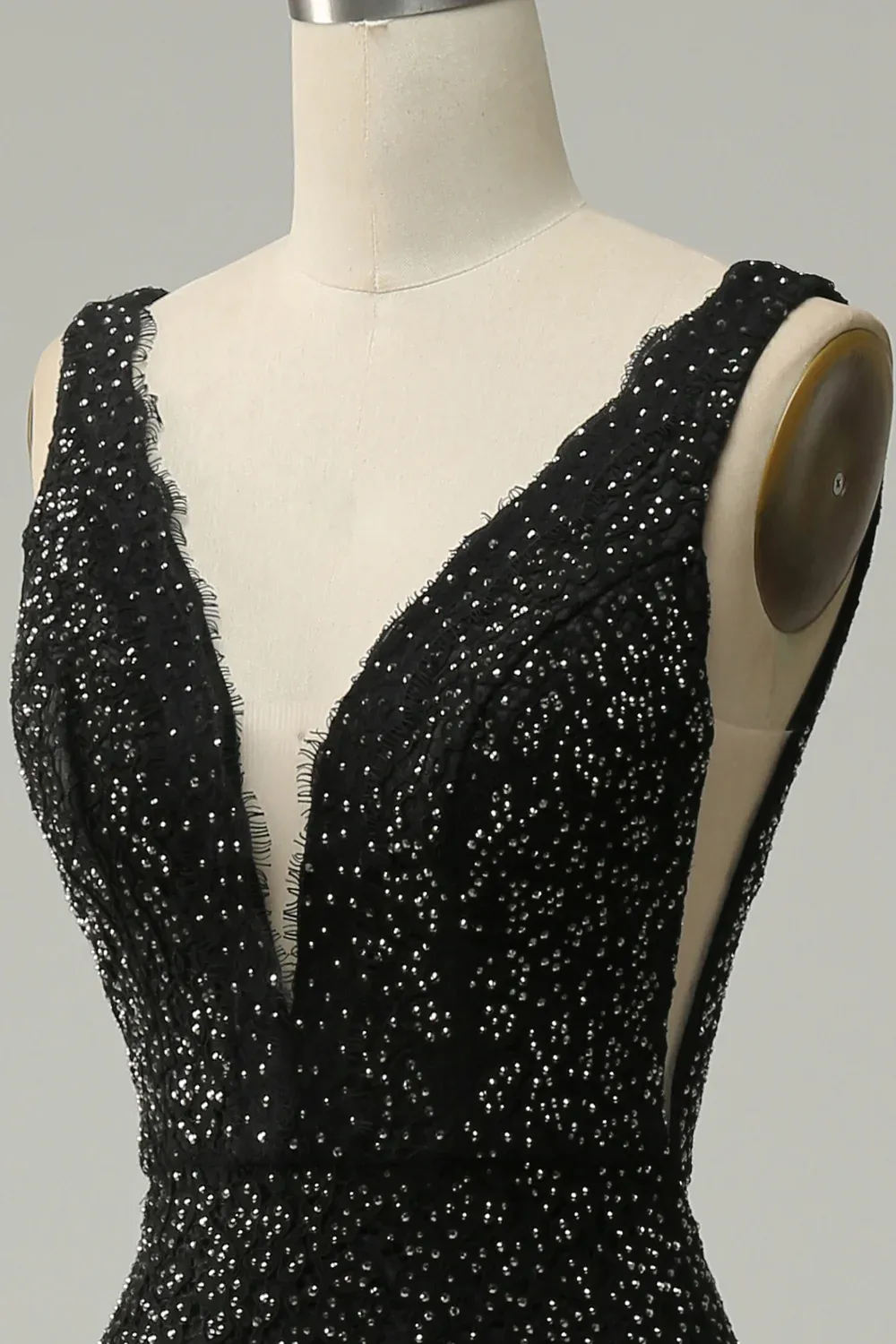 Black Deep V Neck Lace Mermaid Long Prom Dress with Beading,DP1526