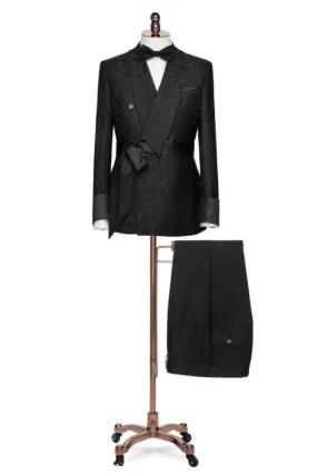 Black Jacquard Shawl Lapel Double Breasted Custom Made Wedding Suits with Lace Up