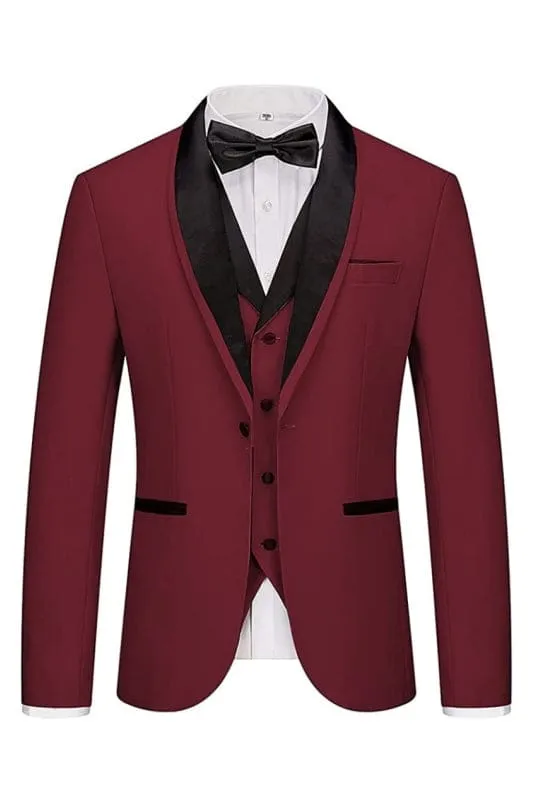Burgundy Shawl Lapel Three Pieces Wedding Suits Slim Fit One Button Wedding Party Suits