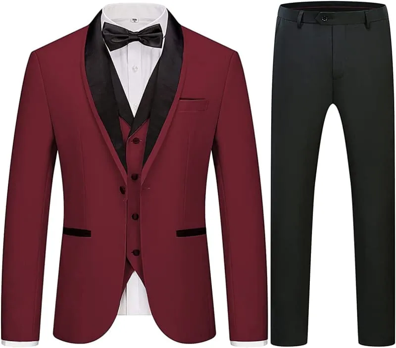 Burgundy Shawl Lapel Three Pieces Wedding Suits Slim Fit One Button Wedding Party Suits
