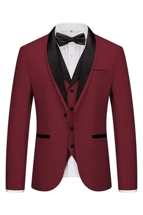 Burgundy Shawl Lapel Three Pieces Wedding Suits Slim Fit One Button Wedding Party Suits