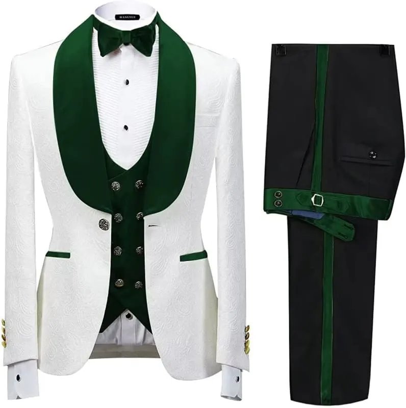 Chic Green Shawl Lapel Three Pieces Jacquard Wedding Suits One button Slim Fit Tuxedo Suits for Men
