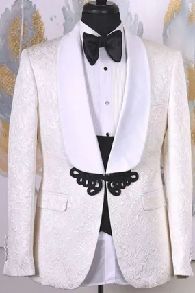 Chic White Shawl Lapel Two Pieces Floral Paisley Jacquard Wedding Suits Wedding Party Groom Suits