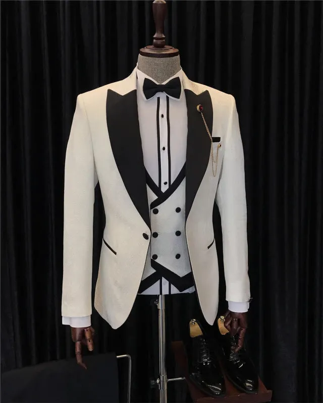 Chic White Three Pieces Jacquard Wedding Suits One Button Slim Fit Prom Tuxedo Dinner Party