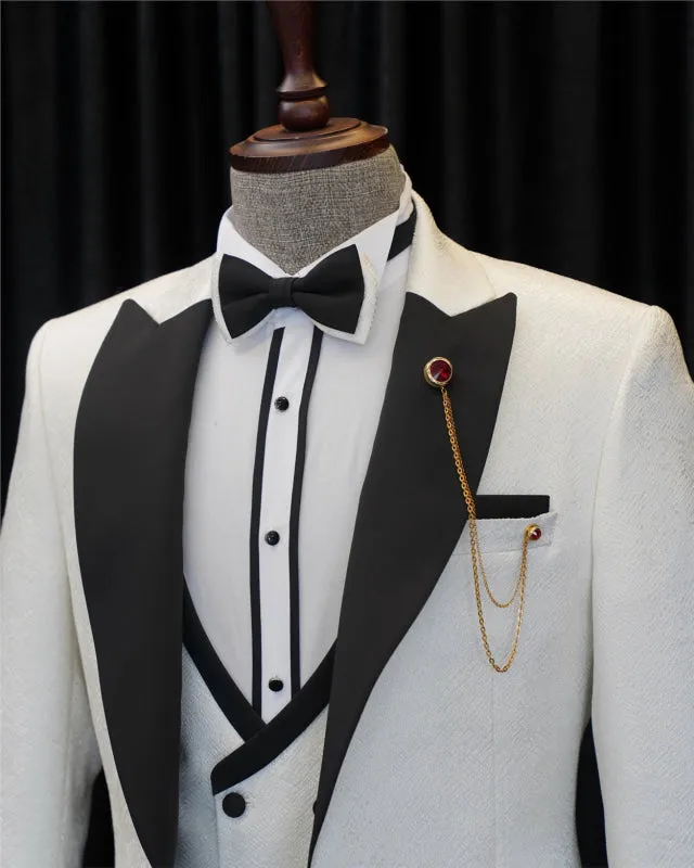 Chic White Three Pieces Jacquard Wedding Suits One Button Slim Fit Prom Tuxedo Dinner Party