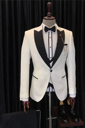 Chic White Three Pieces Jacquard Wedding Suits One Button Slim Fit Prom Tuxedo Dinner Party