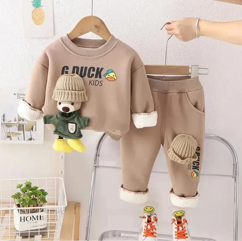 Clothing Sets Baby Boy Bear Pullover Long Sleeve Fleece Sweatshirts Coat and Pants   B651648/8