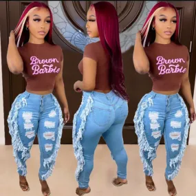 Denim Ripped Hole Tassel Skinny Jeans Pants