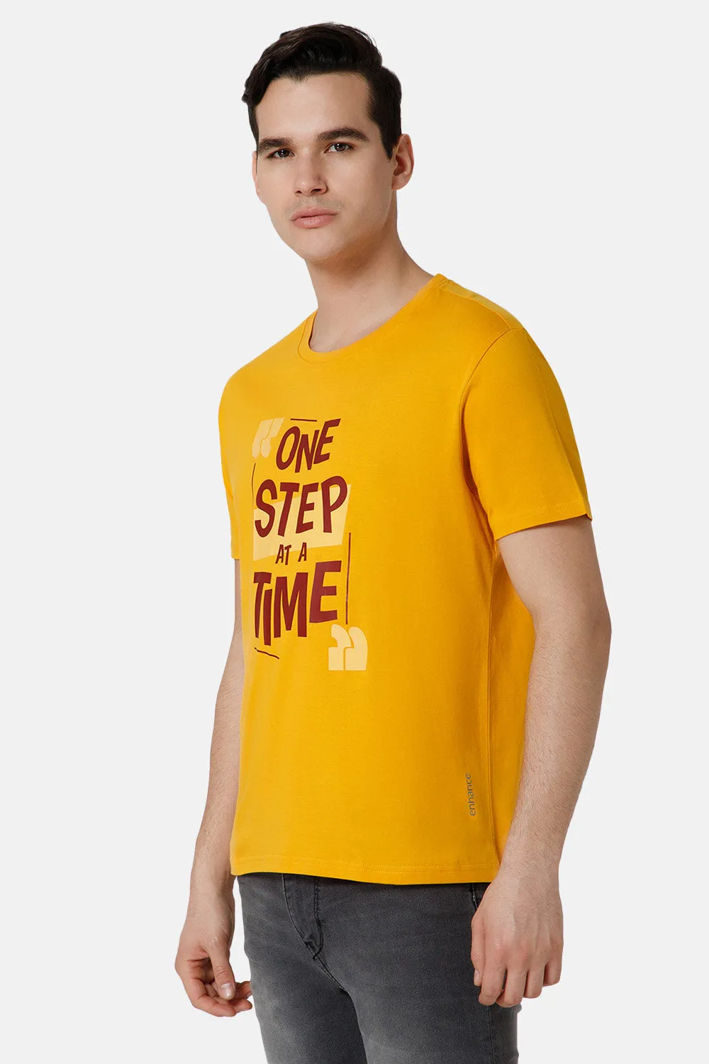 Enhance Printed Crew Neck Men's Casual T-Shirts - Yellow - TS20