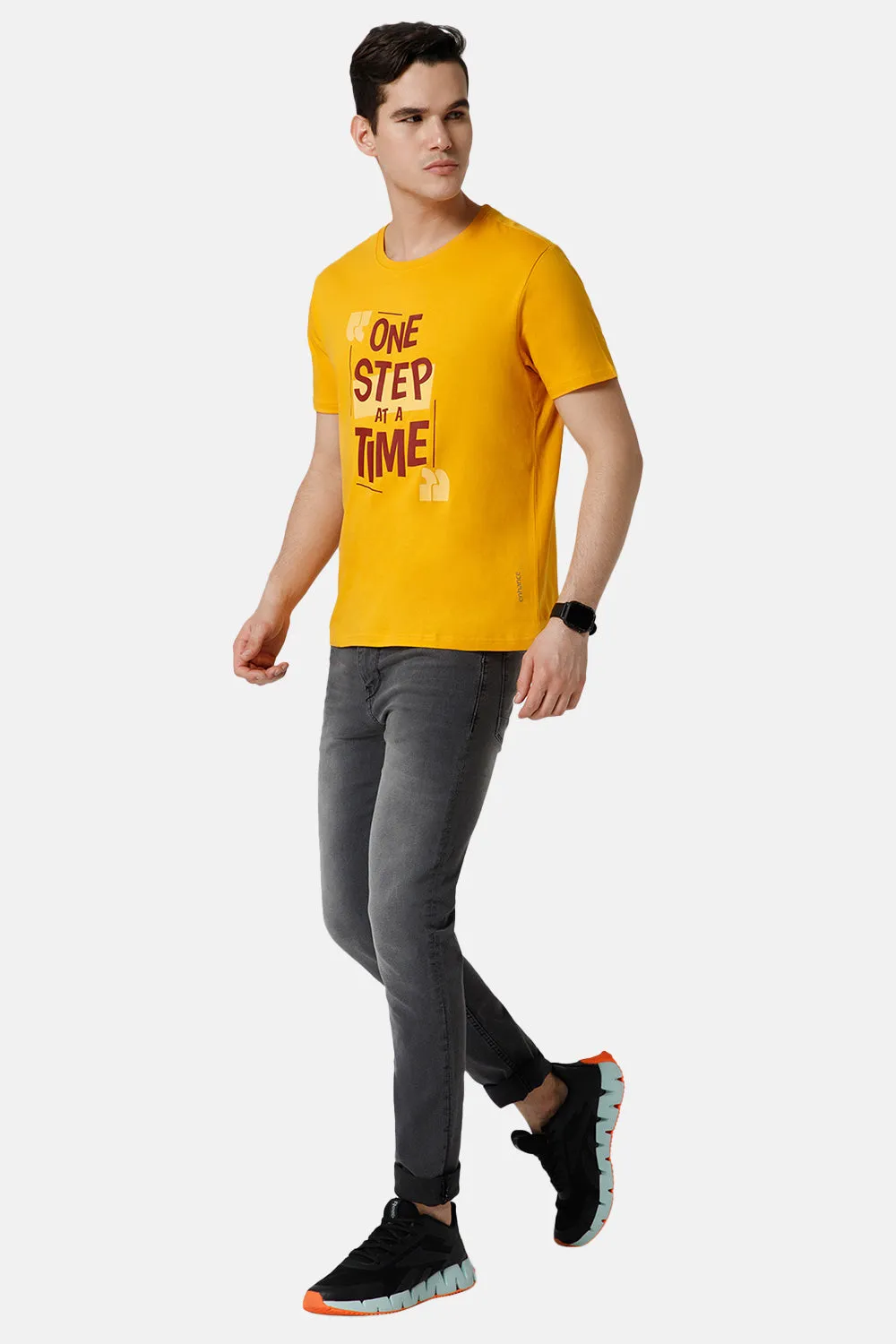 Enhance Printed Crew Neck Men's Casual T-Shirts - Yellow - TS20