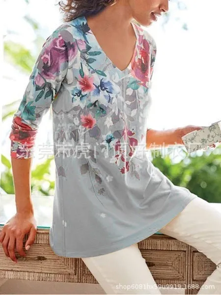 Fashion casual printing plus size women's long-sleeved V-neck loose T-shirt