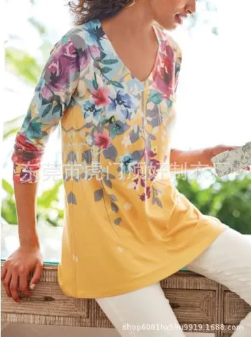 Fashion casual printing plus size women's long-sleeved V-neck loose T-shirt