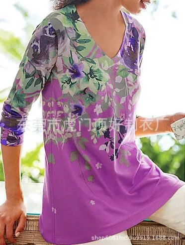 Fashion casual printing plus size women's long-sleeved V-neck loose T-shirt