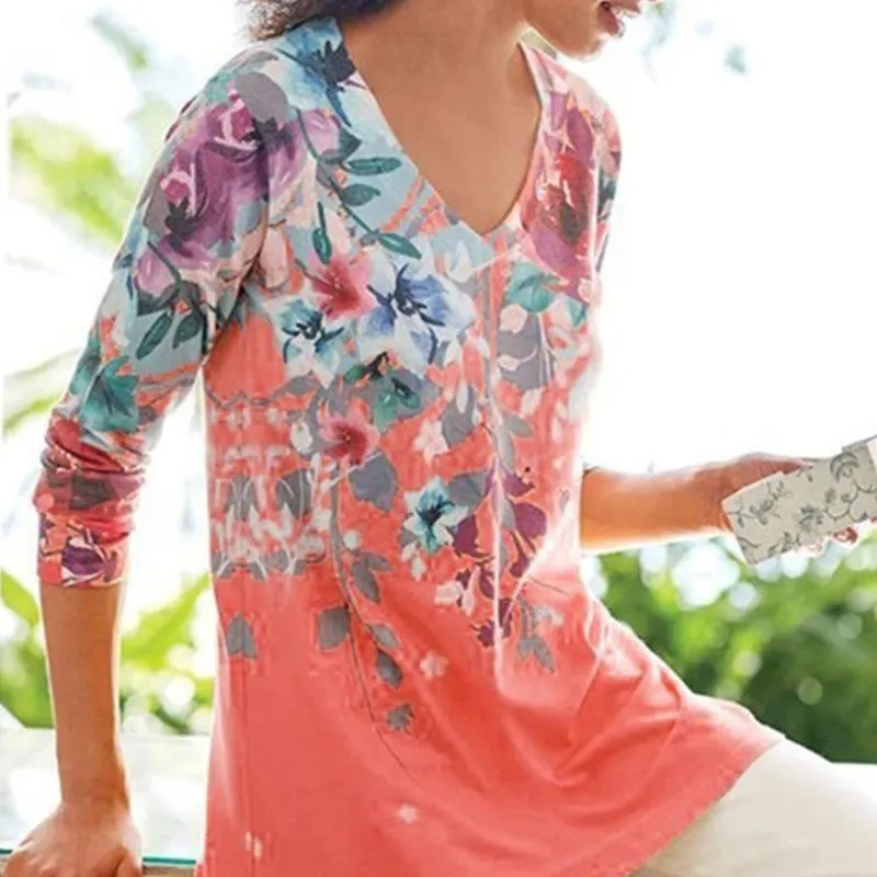 Fashion casual printing plus size women's long-sleeved V-neck loose T-shirt