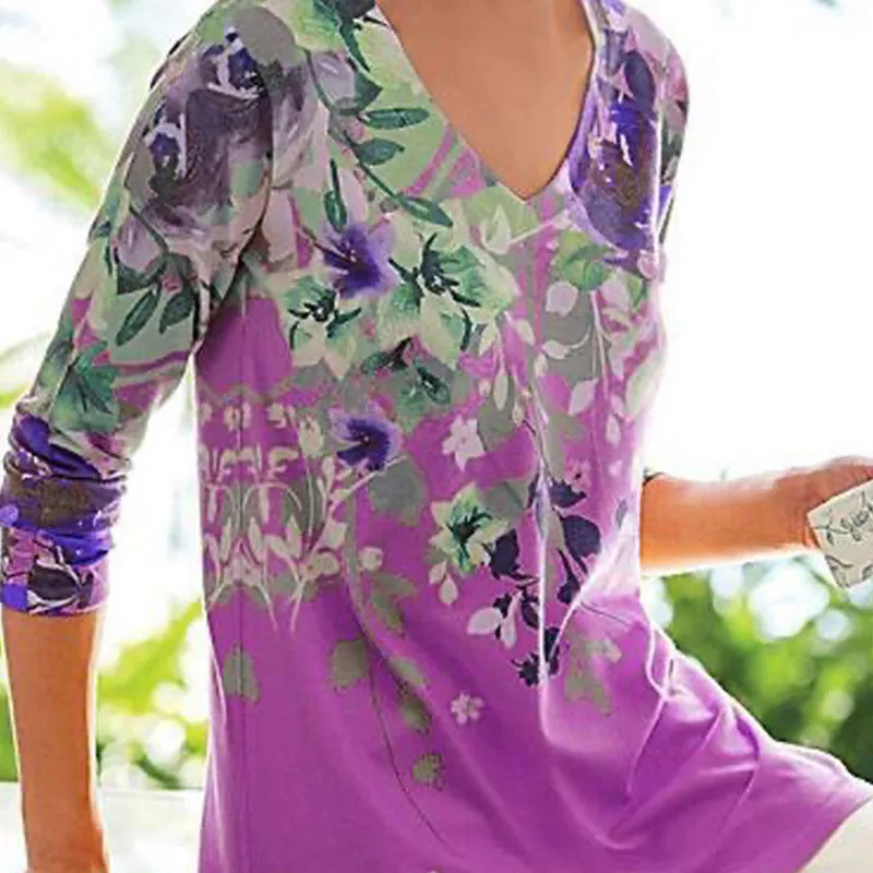 Fashion casual printing plus size women's long-sleeved V-neck loose T-shirt