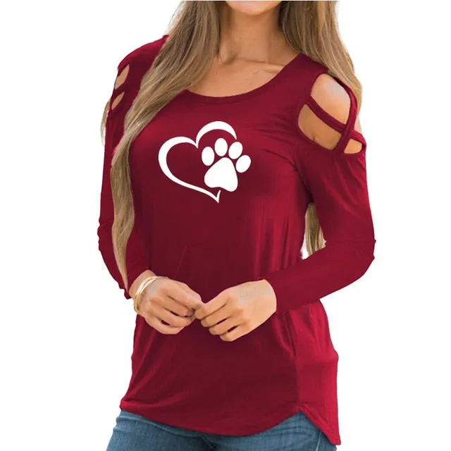 Fashion Dog Paw Print T-Shirt Long Sleeve Cropped Off Shoulder Funny Women Tops