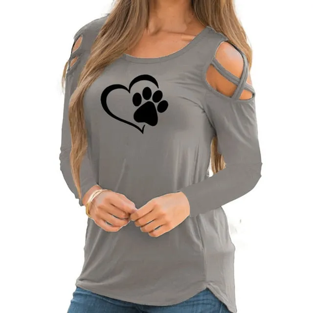 Fashion Dog Paw Print T-Shirt Long Sleeve Cropped Off Shoulder Funny Women Tops