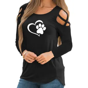 Fashion Dog Paw Print T-Shirt Long Sleeve Cropped Off Shoulder Funny Women Tops