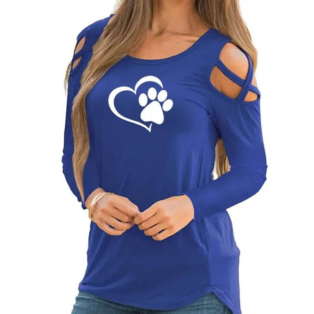 Fashion Dog Paw Print T-Shirt Long Sleeve Cropped Off Shoulder Funny Women Tops