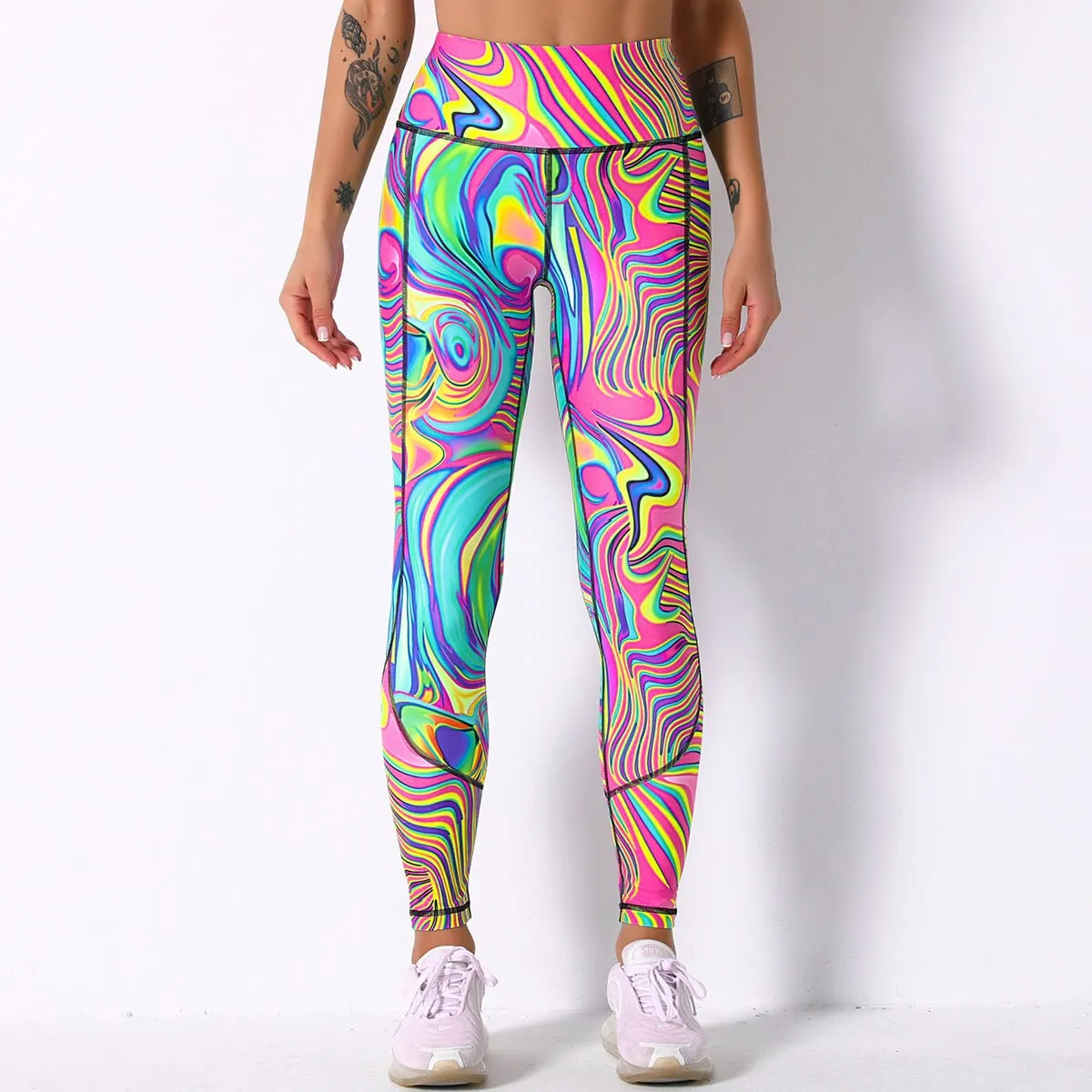 Fashion Sport Pants Women Colorful Digital Print High Waist Push Up Stretch Leggings Workout Outfit Fitness Gym Wear