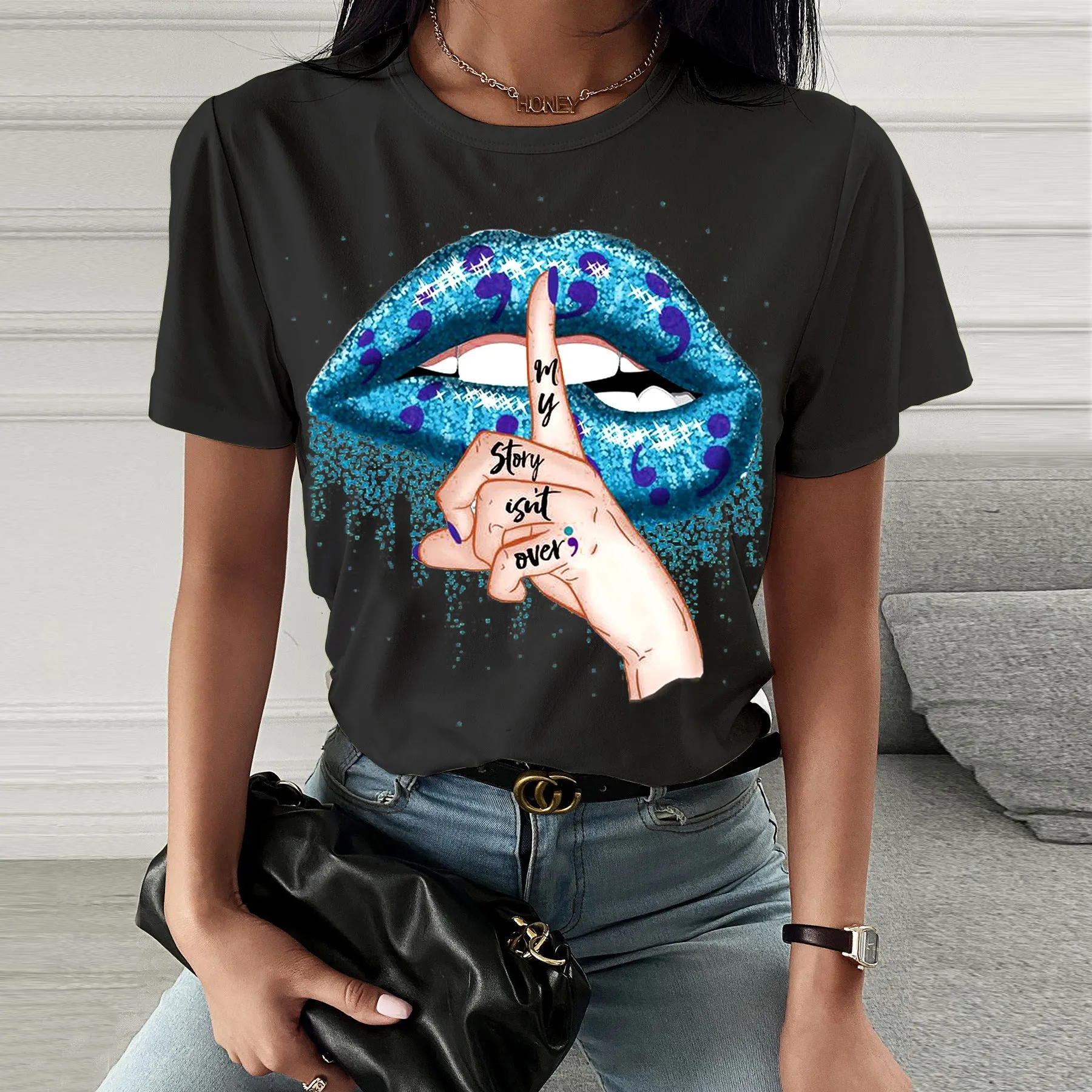 Fashion  spring and summer hush quiet printing short-sleeved T-shirt