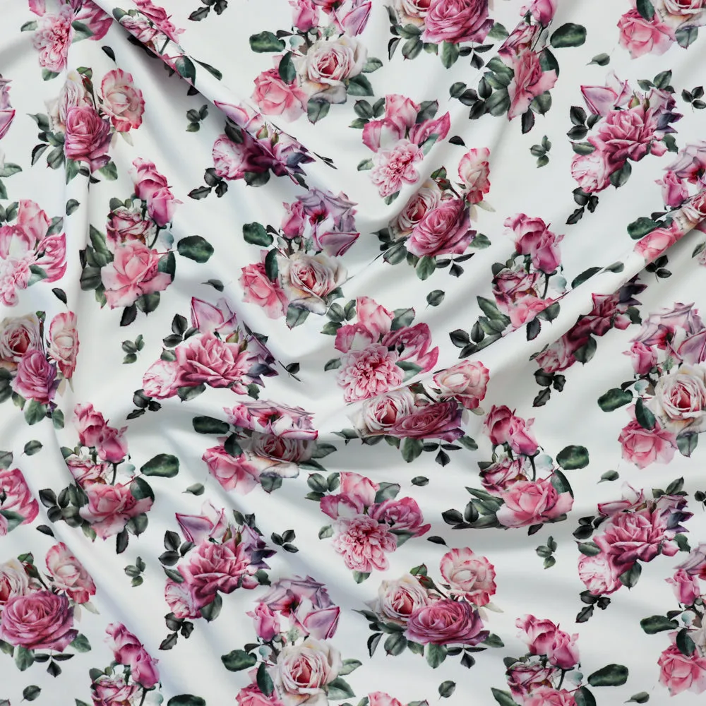FS1174 Pink Rose Floral Print Scuba Stretch Knit Fabric