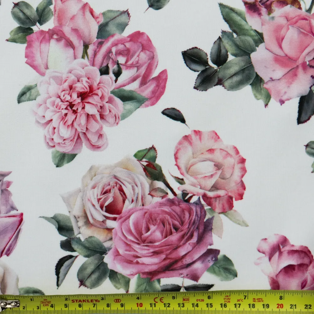 FS1174 Pink Rose Floral Print Scuba Stretch Knit Fabric