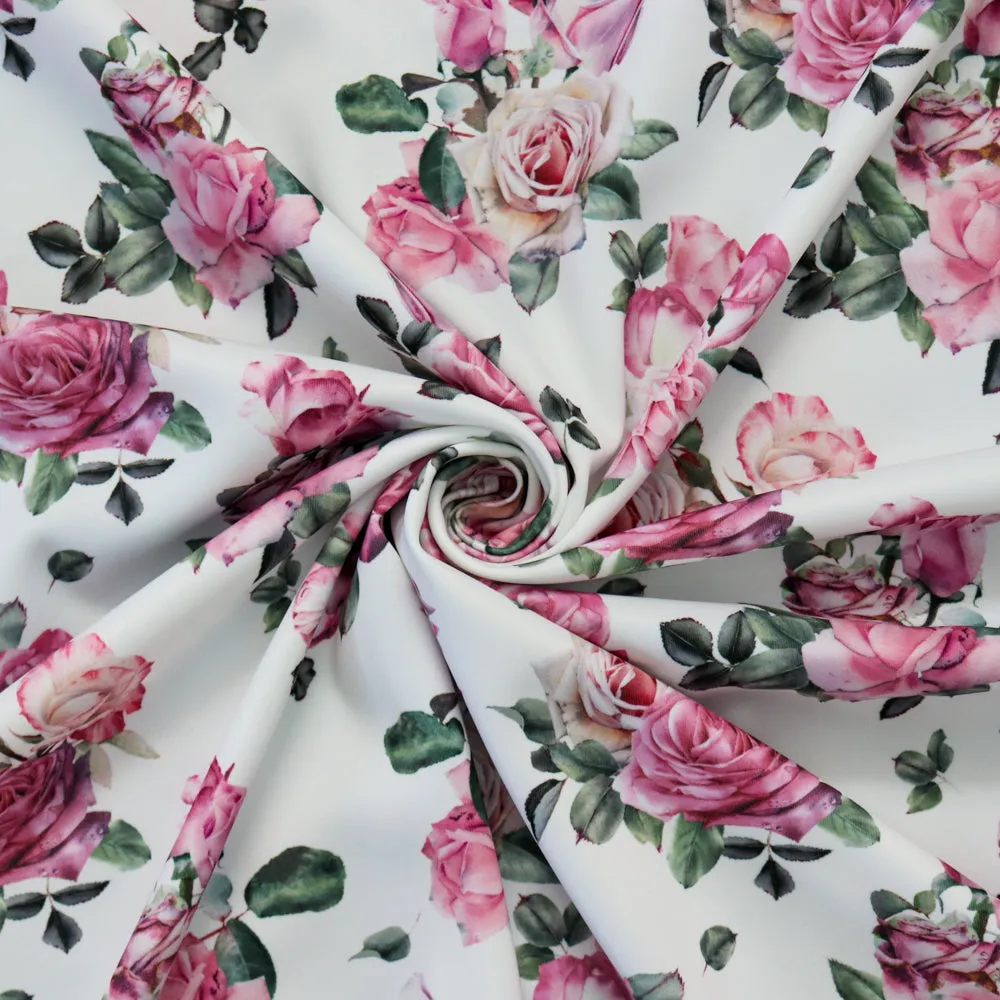 FS1174 Pink Rose Floral Print Scuba Stretch Knit Fabric