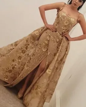 gold sequin appliqué evening dresses muslim arabic sparkly detachable train evening gown robe de soiree