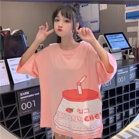 Kawaii Strawberry Milk Print T-shirt