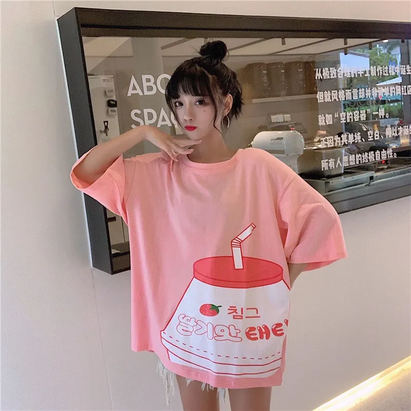 Kawaii Strawberry Milk Print T-shirt