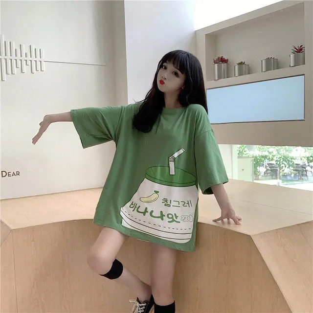 Kawaii Strawberry Milk Print T-shirt