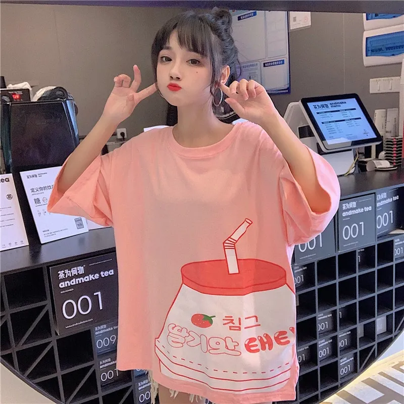 Kawaii Strawberry Milk Print T-shirt