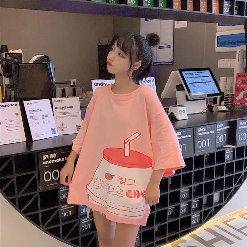 Kawaii Strawberry Milk Print T-shirt
