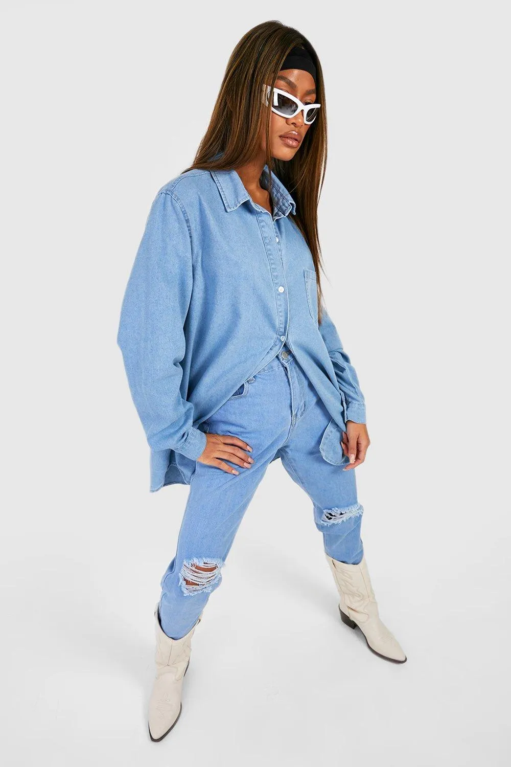 Mom Boohoo Ripped Basics High Rise Jeans, Blue