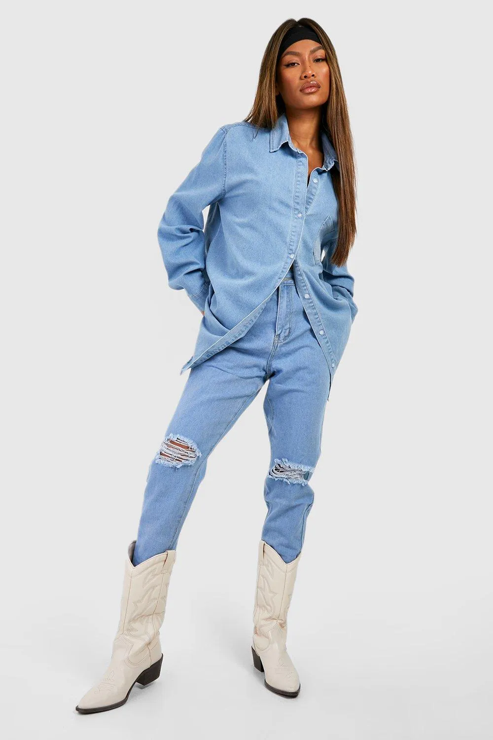 Mom Boohoo Ripped Basics High Rise Jeans, Blue